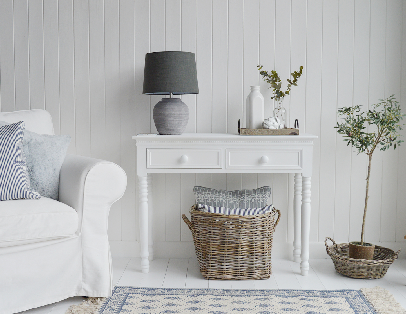 The White sofa table for white living room furniture in New England style interiors foir coastal, country and city homes