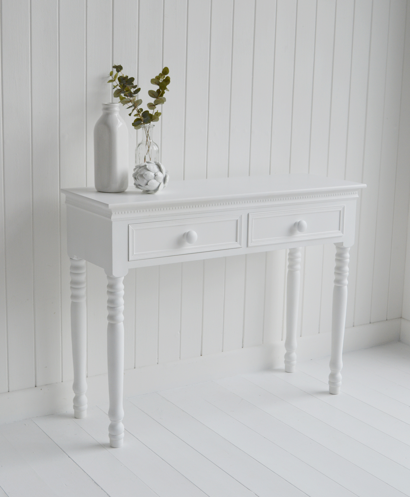 The White Lighthouse hallway console table. New England furniture and table for pure white interiors and decor for hallway furniture and living room design. Coastal, country and city home interiors. Free delivery UK