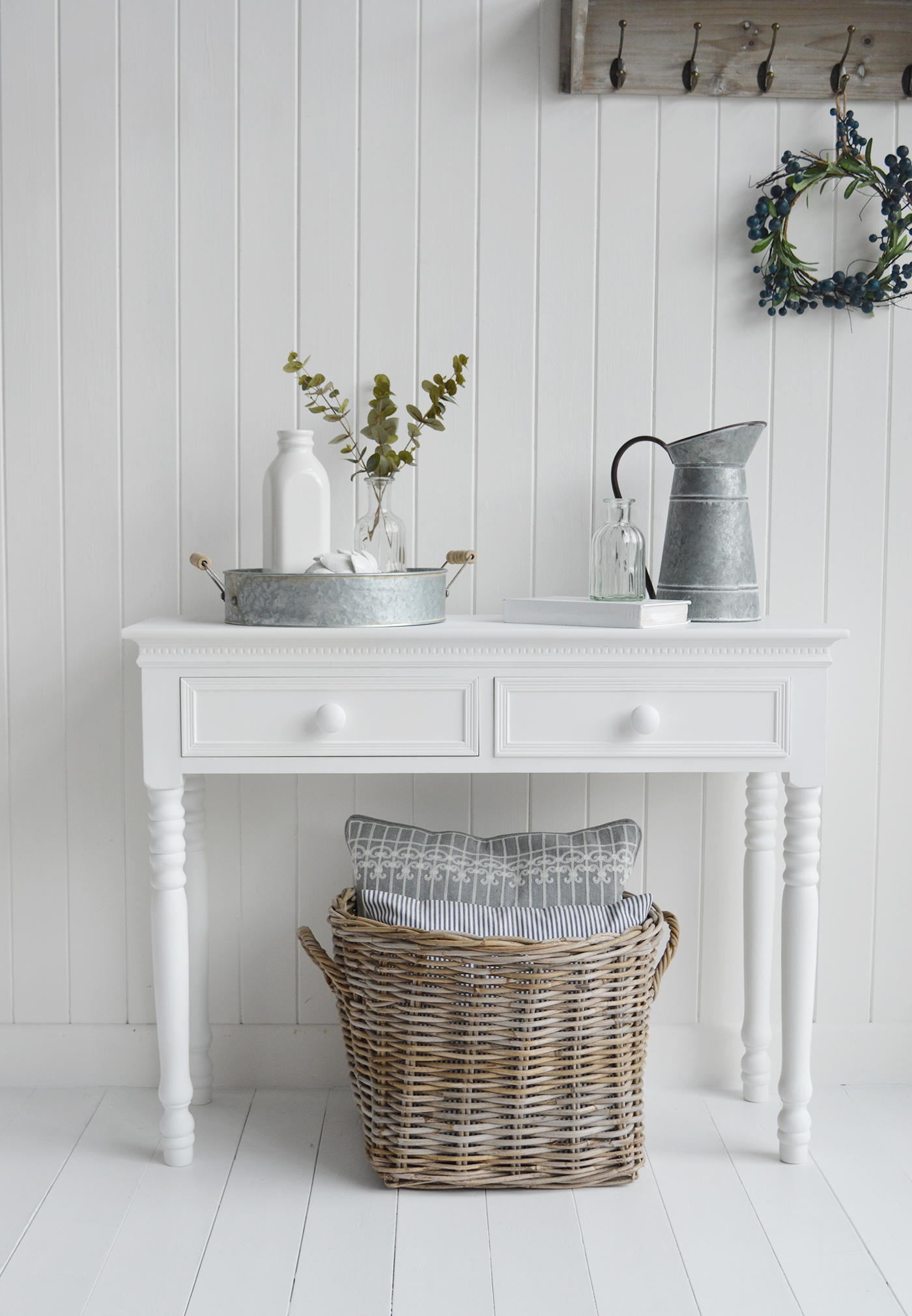 The White Lighthouse hallway console table. New England furniture and table for pure white interiors and decor for hallway furniture and living room design. Coastal, country and city home interiors. Free delivery UK