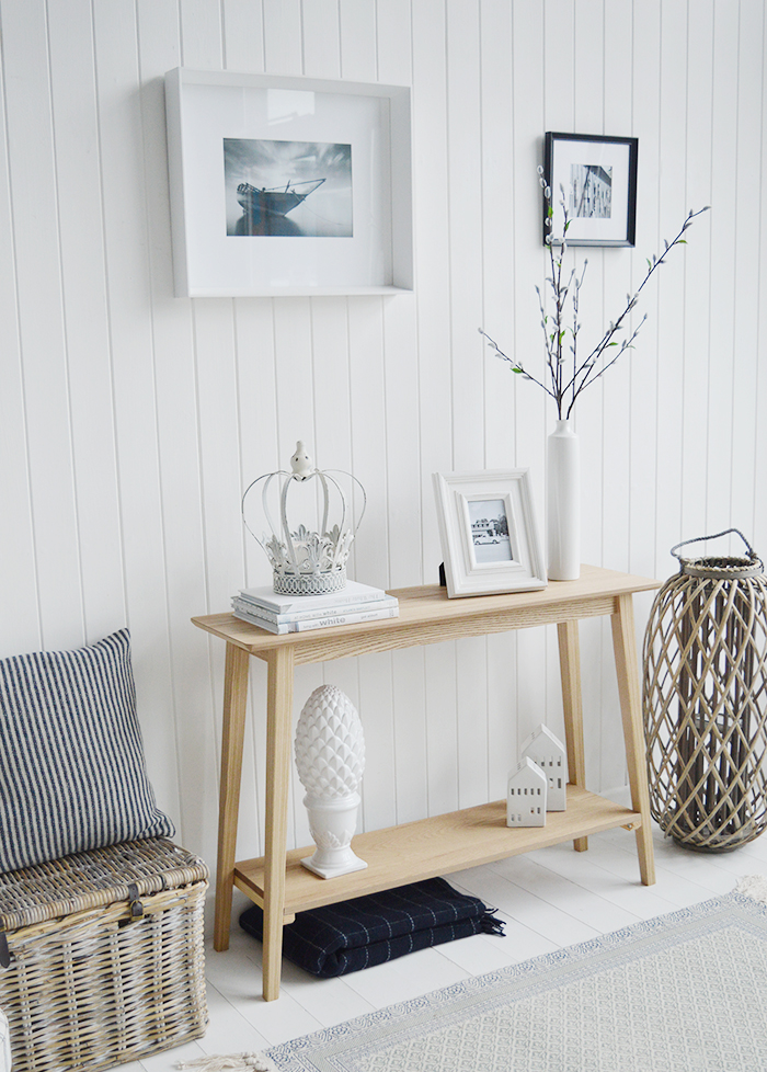 Narrow Hallway Furniture Console Table. Specifically designed for narrow hallways our New Shoreham hall table is a perfect choice at only 30cm deep at the widest top. In a light coloured wood veneer the table will impeccably complement all home interiors and styles. A traditional  simple design with the straight lines giving it a modern touch.The shelf adds to the look of the table as well as offering an area for display or storage…