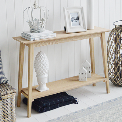 Narrow Hallway Furniture Console Table. Specifically designed for narrow hallways our New Shoreham hall table is a perfect choice at only 30cm deep at the widest top. In a light coloured wood veneer the table will impeccably complement all home interiors and styles. A traditional  simple design with the straight lines giving it a modern touch.The shelf adds to the look of the table as well as offering an area for display or storage…