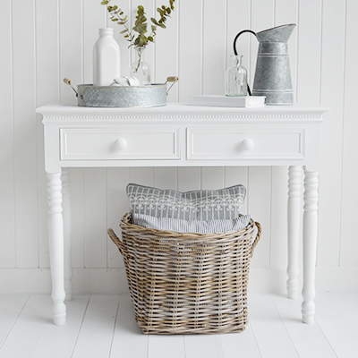 A New England pure white console table for bright airy hallway furniture