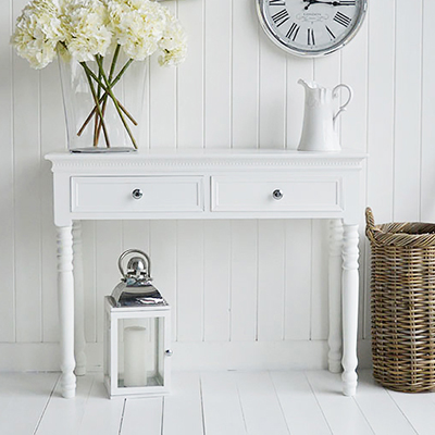 New England white console table with drawers and silver handles for Hallway Furniture in coastal, country and city home interiors