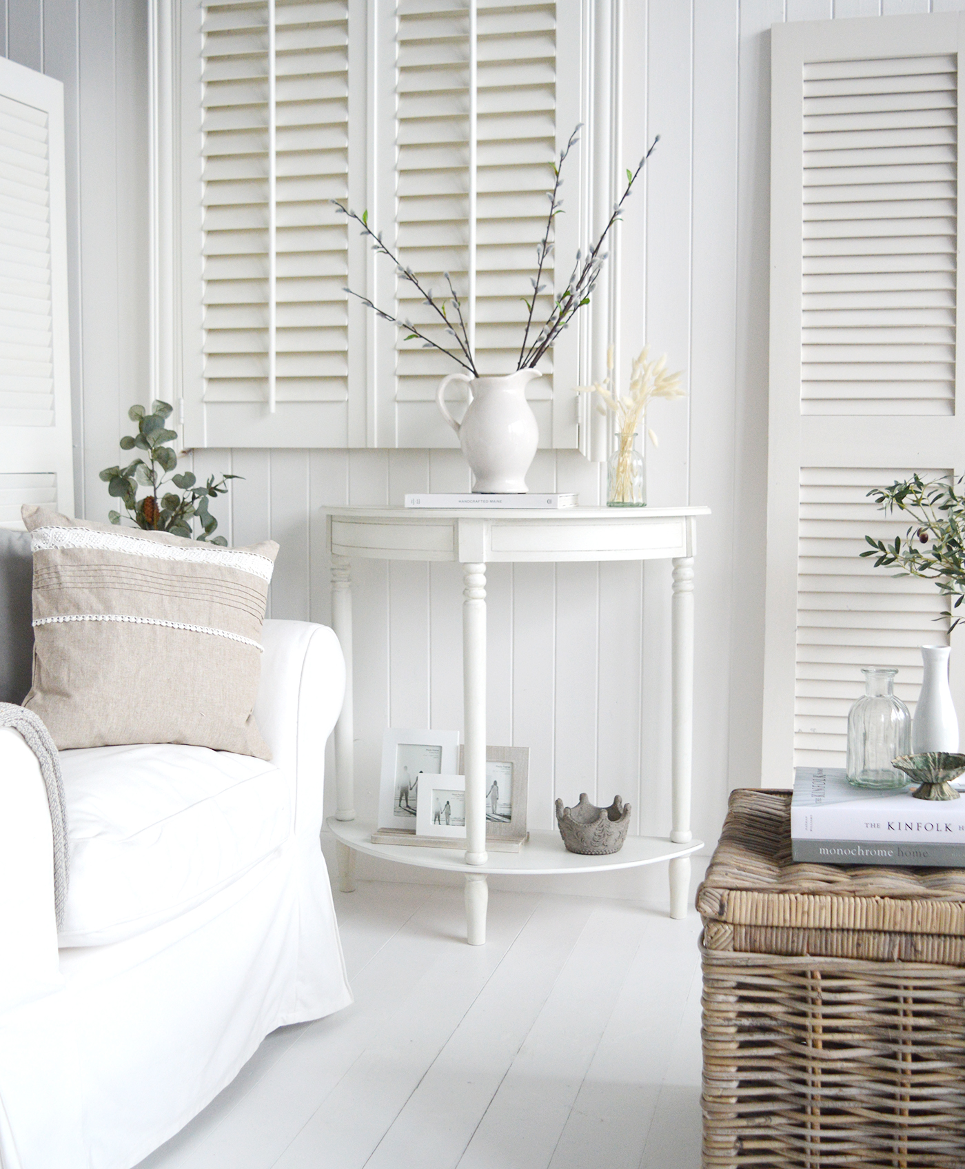 The White Lighthouse Colonial furniture in white. A half moon console table with shelf. Hallway furniture and hall table. Ideal for hall or living room