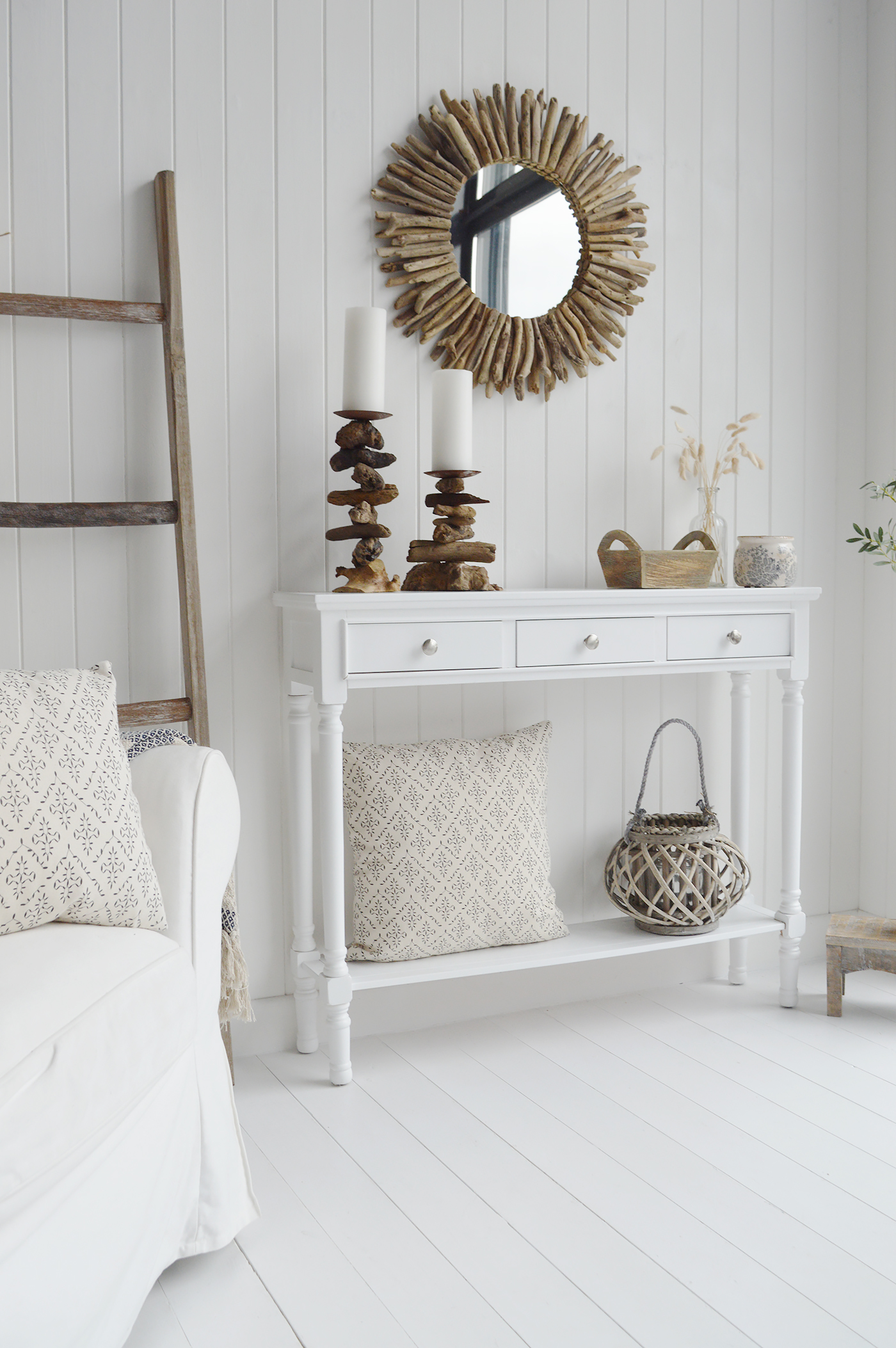 Georgetown white console table narrow with drawers and shelf, shown here with our driftwood mirror and candle hoder for a subtle coastal vibe