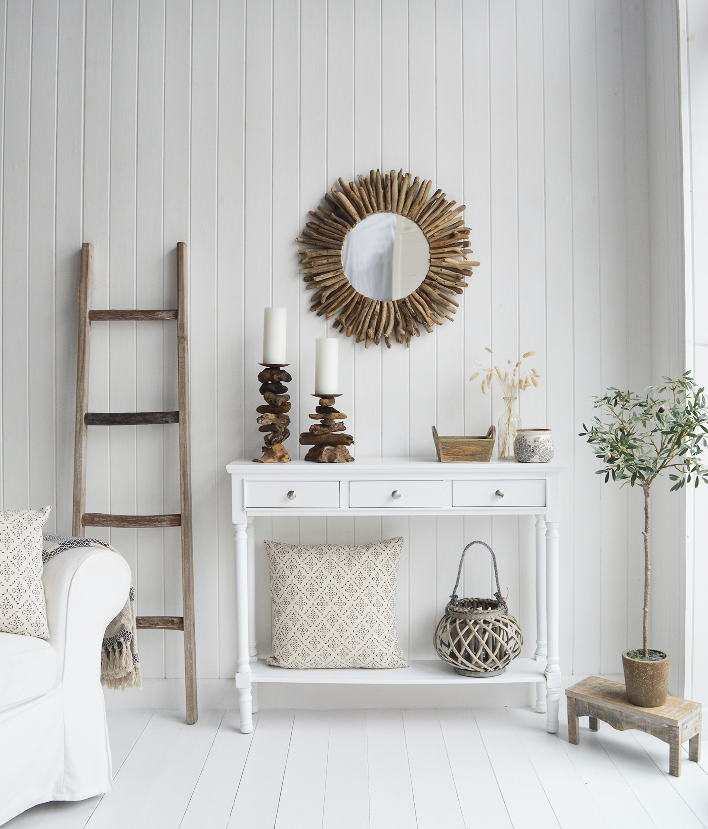 Georgetown narrow 30cm white console hall table with drawers and shelf