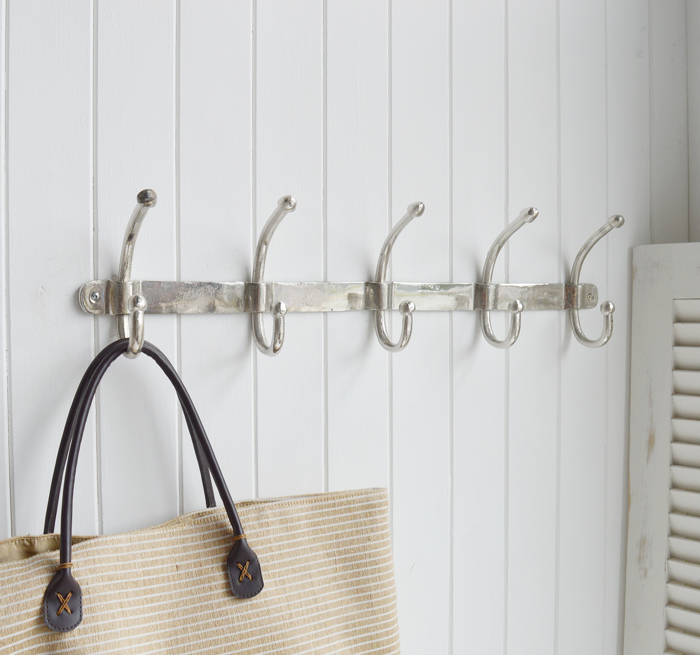 Silver Hooks  Double coat rack. Five double hooks for coats. Simple hallway furniture