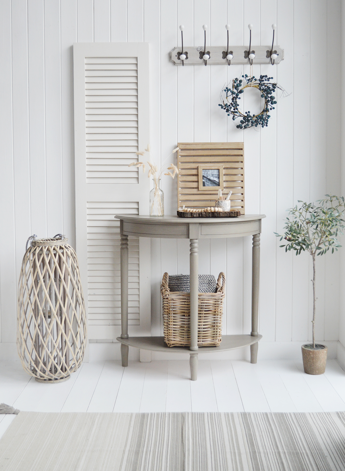 Newport French Grey narrow hall console table 30cm with a shelf. Suitable furniture for all New England country, coastal, modern farmhouse and Hamptons styled homes from The White Lighthouse