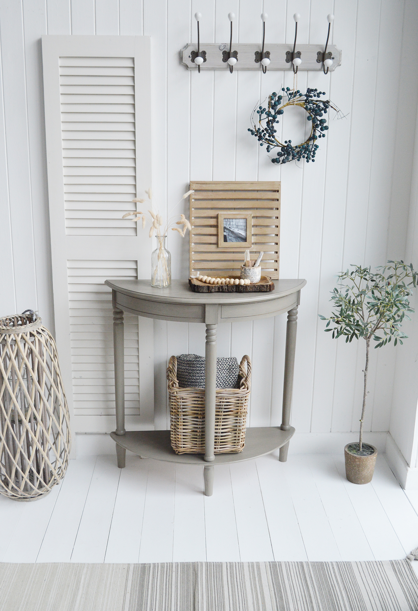 Newport French Grey narrow hall console table 30cm with a shelf. Suitable furniture for all New England country, coastal, modern farmhouse and Hamptons styled homes from The White Lighthouse