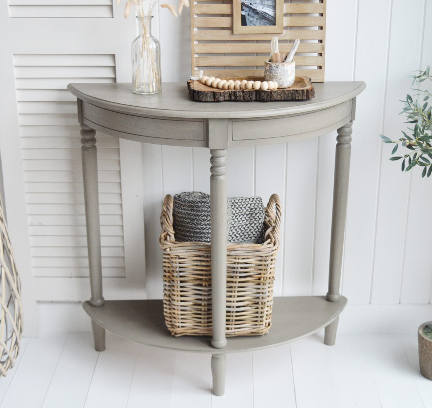 Newport French Grey narrow hall console table 30cm with a shelf. Suitable furniture for all New England country, coastal, modern farmhouse and Hamptons styled homes from The White Lighthouse