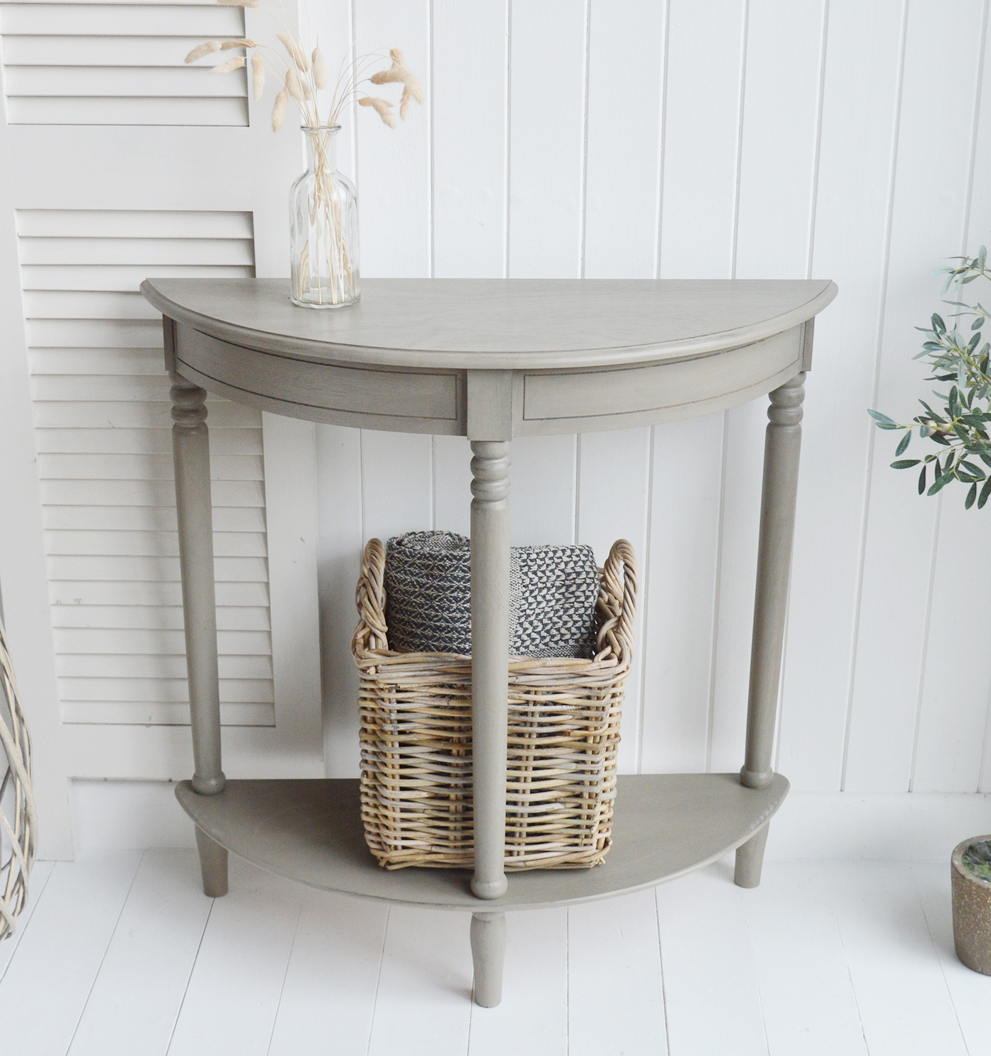 Newport French Grey narrow hall console table 30cm with a shelf. Suitable furniture for all New England country, coastal, modern farmhouse and Hamptons styled homes from The White Lighthouse