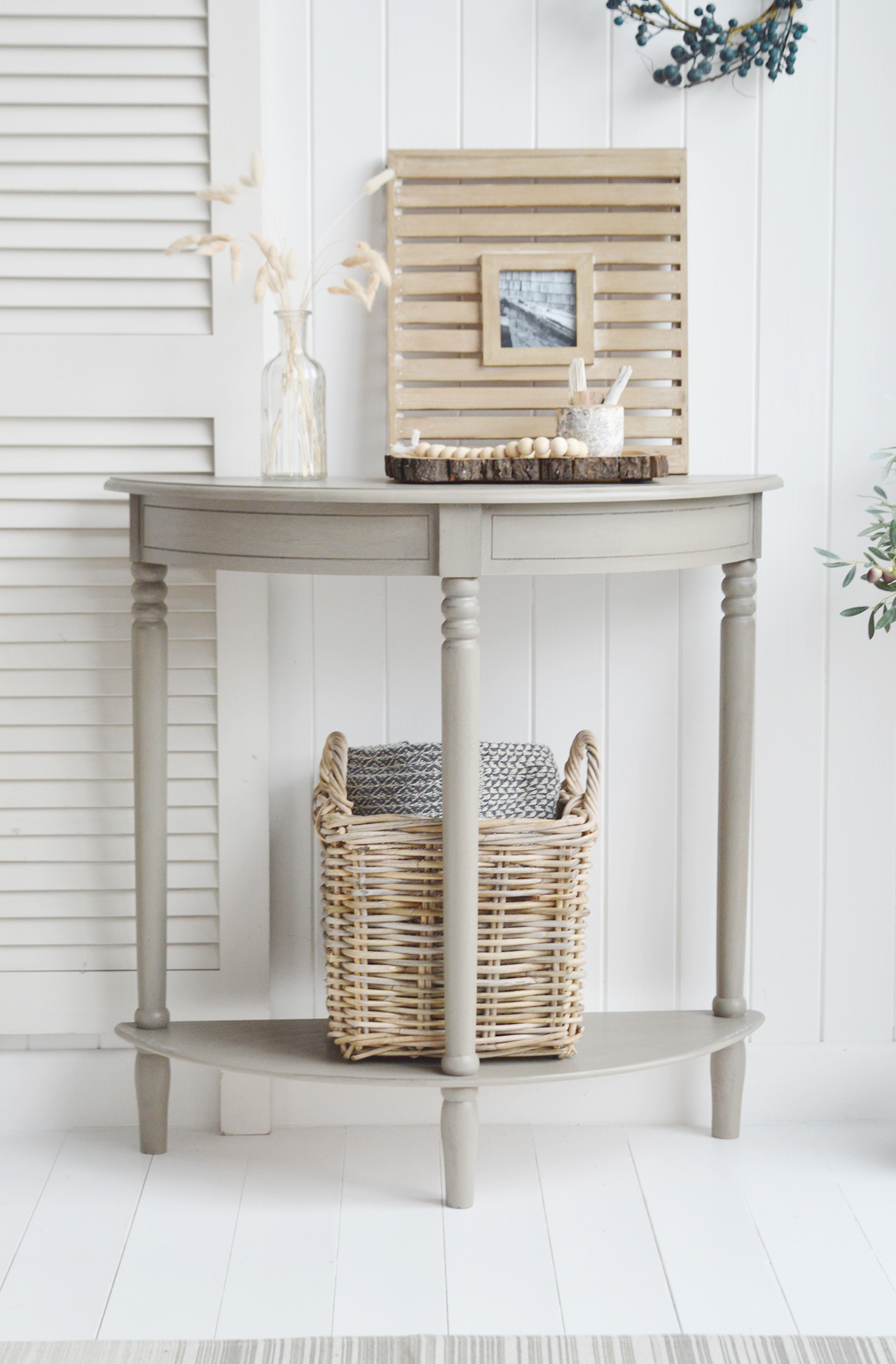 Newport French Grey narrow hall console table 30cm with a shelf. Suitable furniture for all New England country, coastal, modern farmhouse and Hamptons styled homes from The White Lighthouse