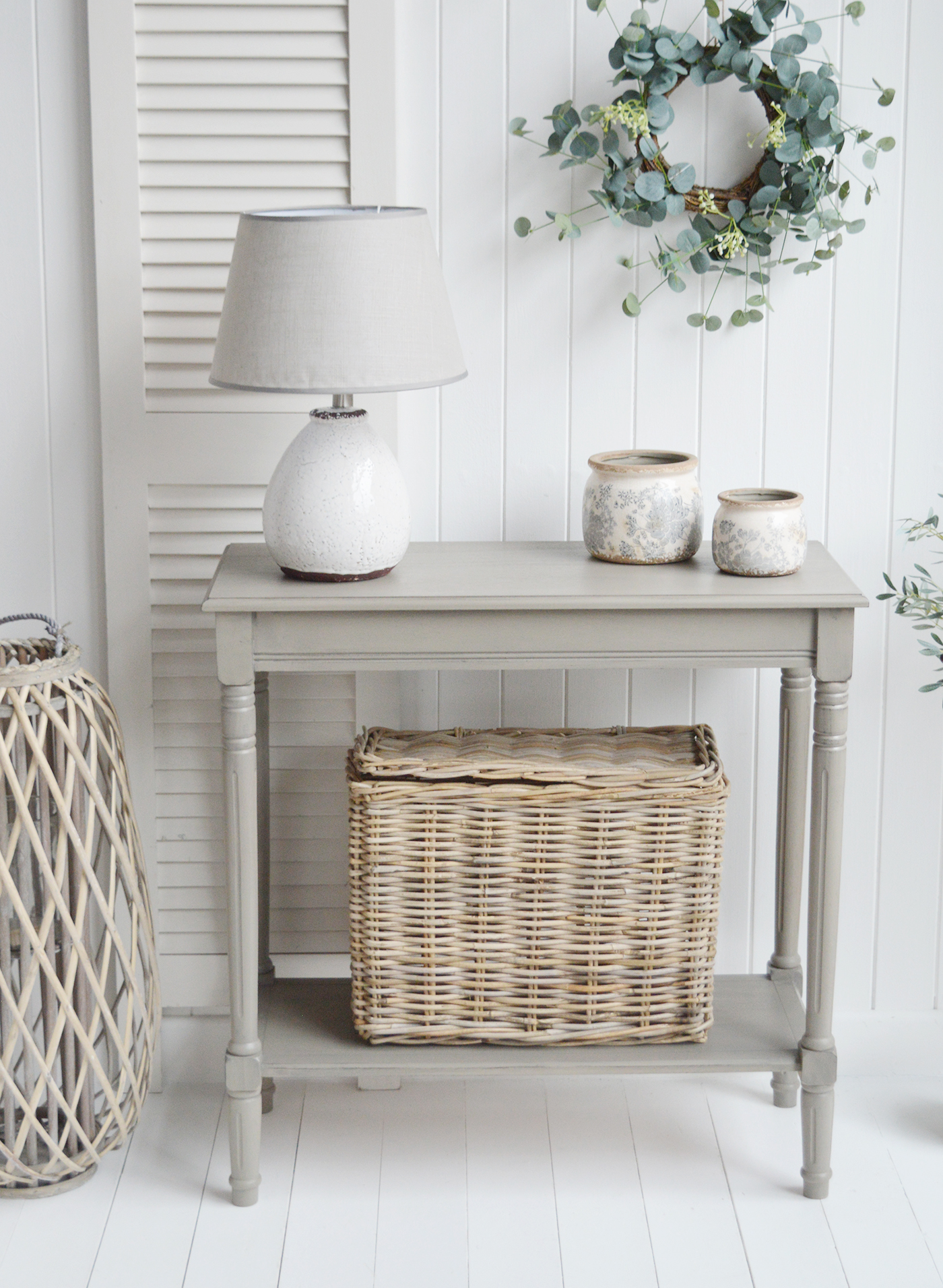 Newport French Grey narrow hall console table with a shelf. Suitable furniture for all New England country, coastal, modern farmhouse and Hamptons styled homes from The White Lighthouse