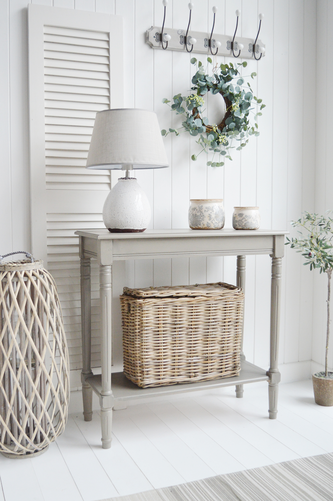 Newport French Grey narrow hall console table with a shelf. Suitable furniture for all New England country, coastal, modern farmhouse and Hamptons styled homes from The White Lighthouse