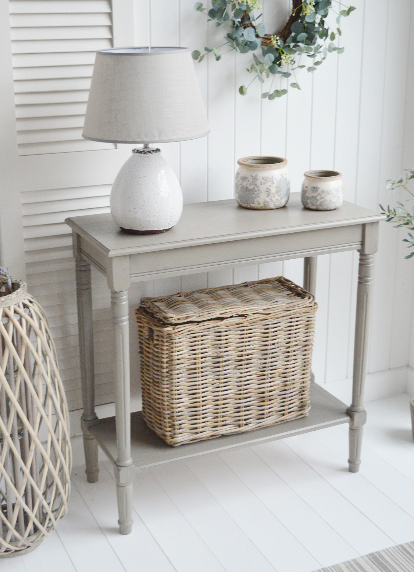 Newport French Grey narrow hall console table with a shelf. Suitable furniture for all New England country, coastal, modern farmhouse and Hamptons styled homes from The White Lighthouse