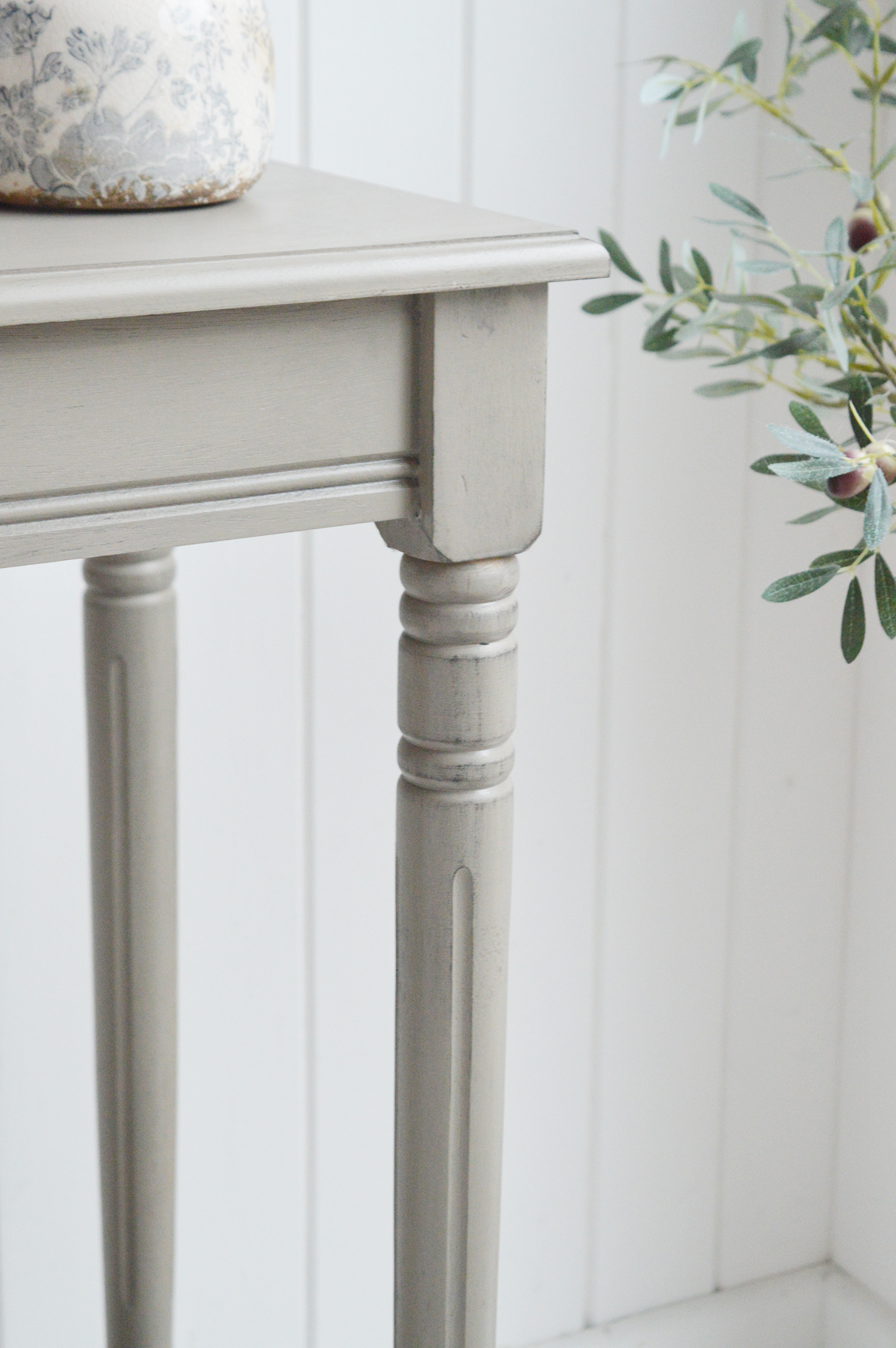 Newport French Grey narrow hall console table with a shelf. Suitable furniture for all New England country, coastal, modern farmhouse and Hamptons styled homes from The White Lighthouse