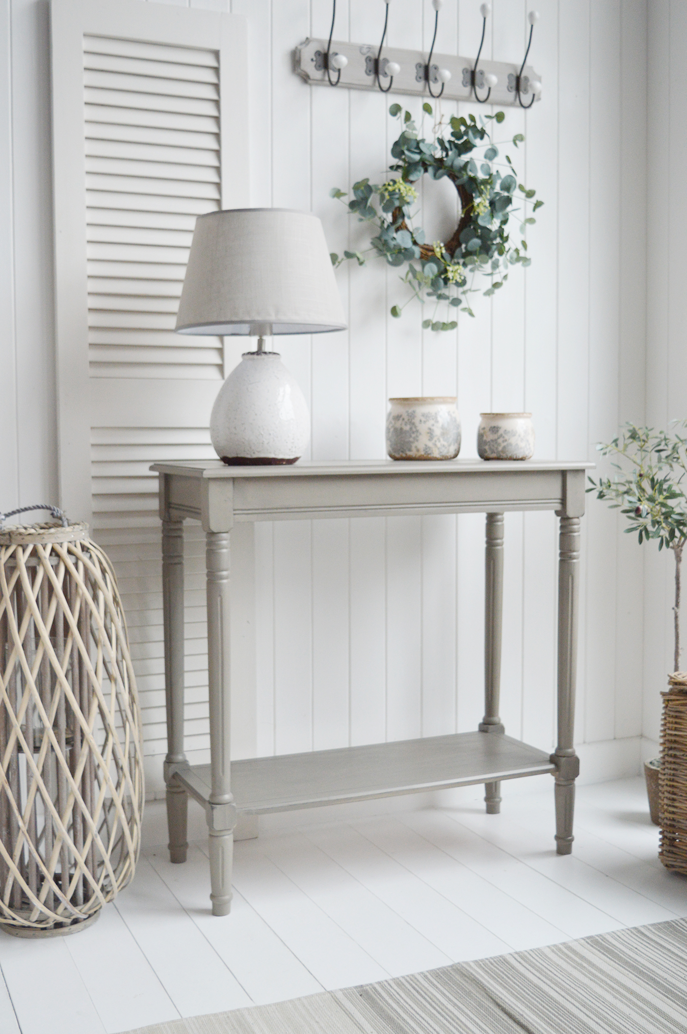 Newport French Grey narrow hall console table with a shelf. Suitable furniture for all New England country, coastal, modern farmhouse and Hamptons styled homes from The White Lighthouse