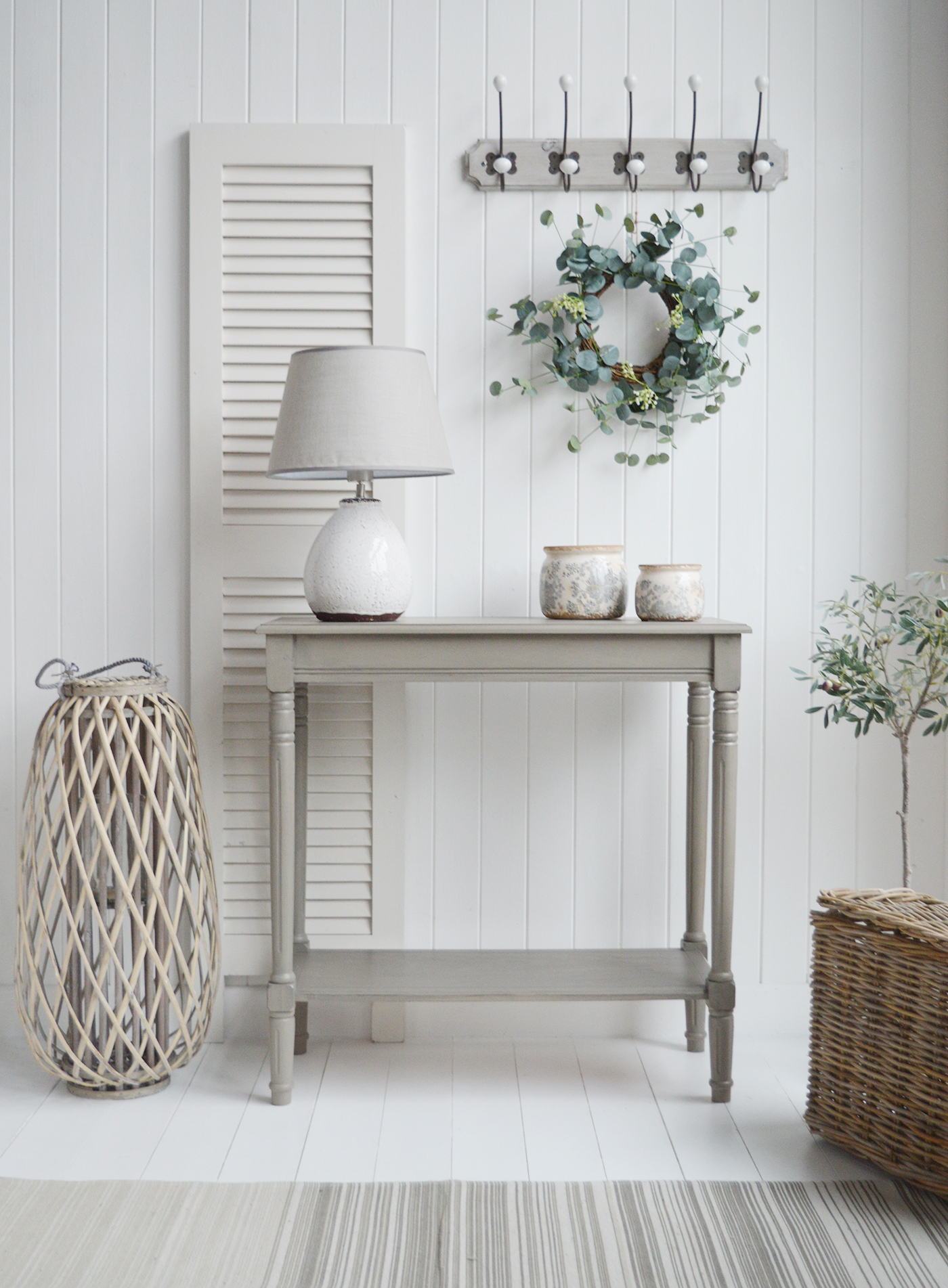 Newport French Grey narrow hall console table with a shelf. Suitable furniture for all New England country, coastal, modern farmhouse and Hamptons styled homes from The White Lighthouse