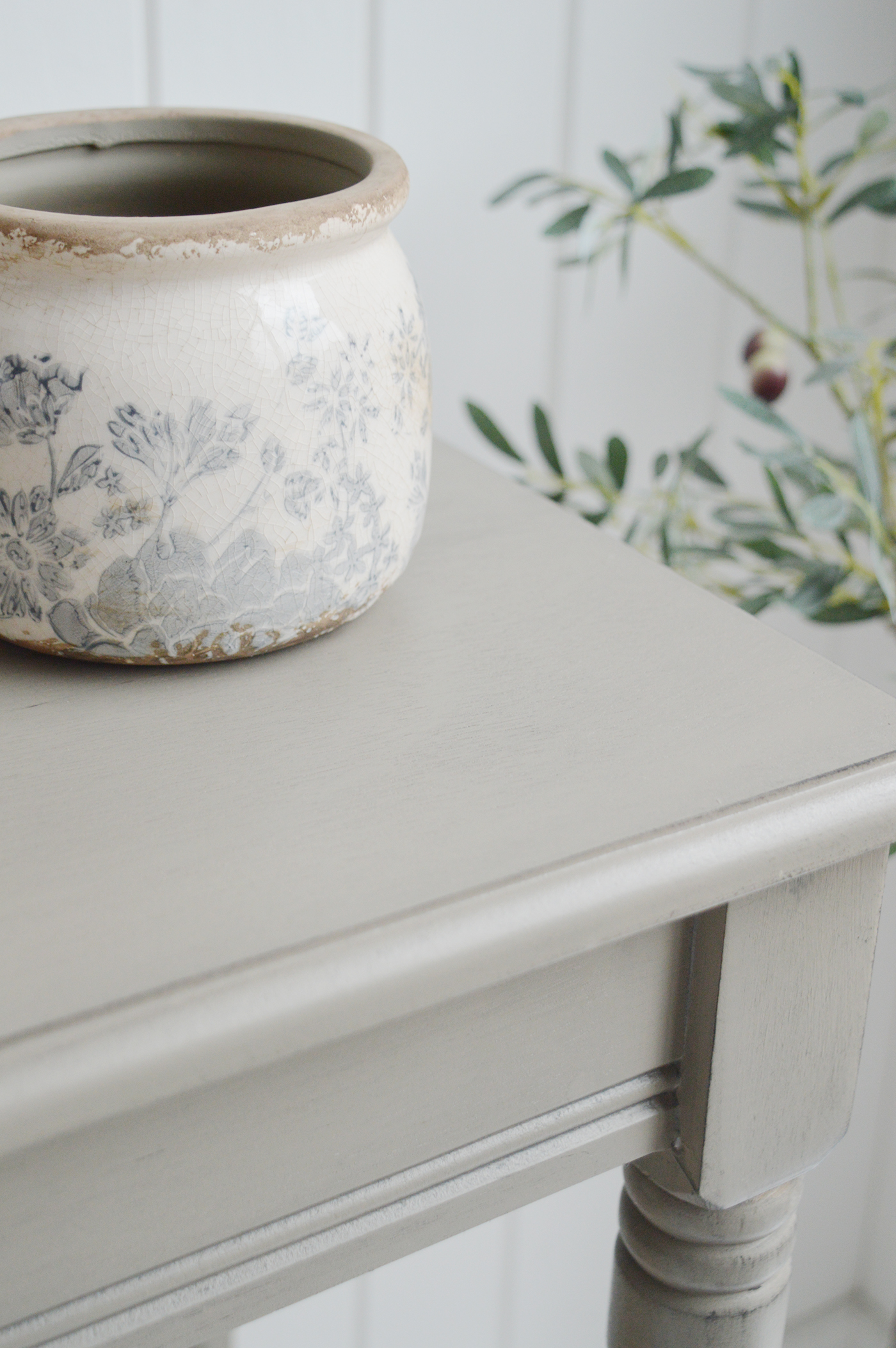 Newport French Grey narrow hall console table with a shelf. Suitable furniture for all New England country, coastal, modern farmhouse and Hamptons styled homes from The White Lighthouse