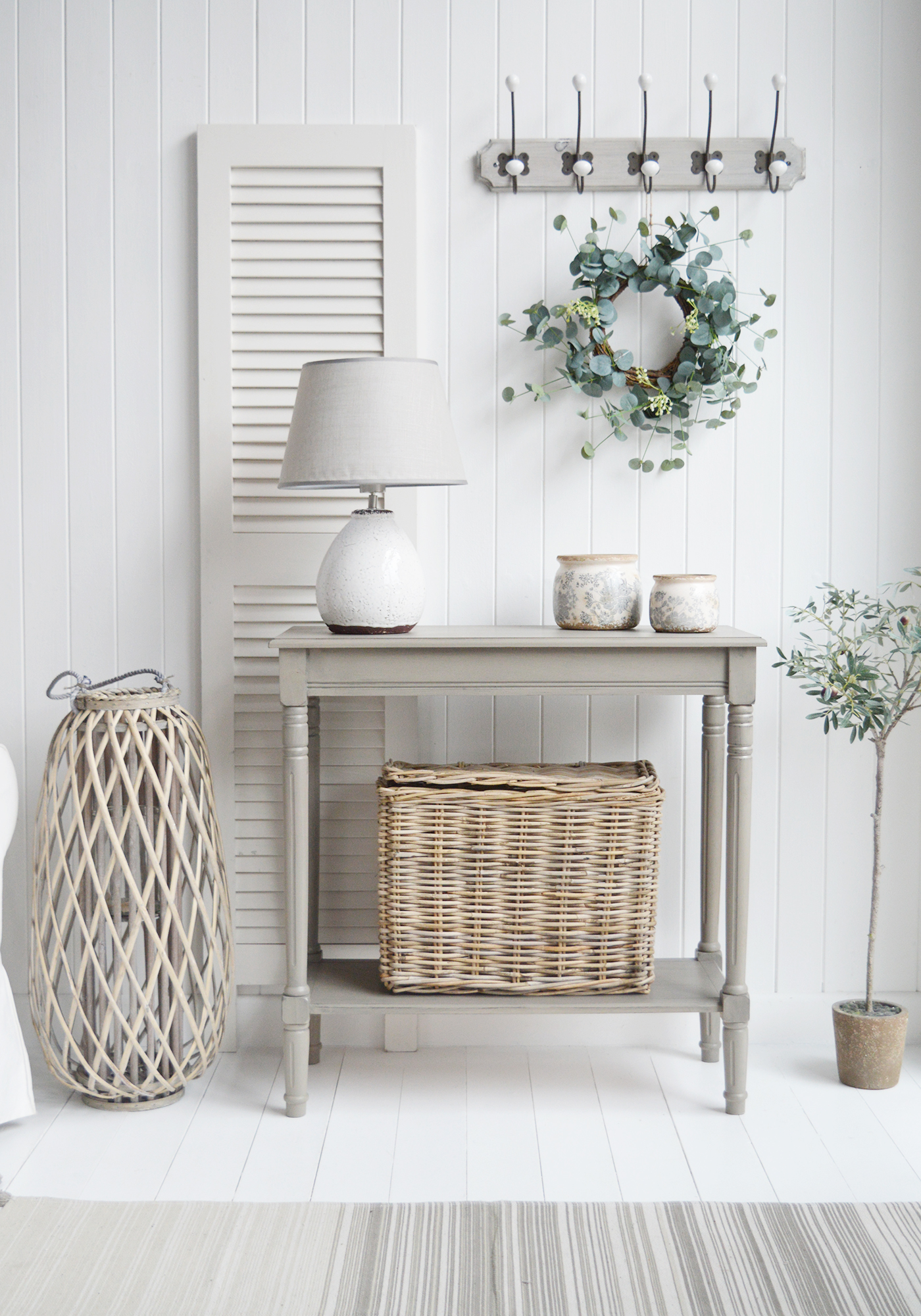 Newport French Grey narrow hall console table with a shelf. Suitable furniture for all New England country, coastal, modern farmhouse and Hamptons styled homes from The White Lighthouse