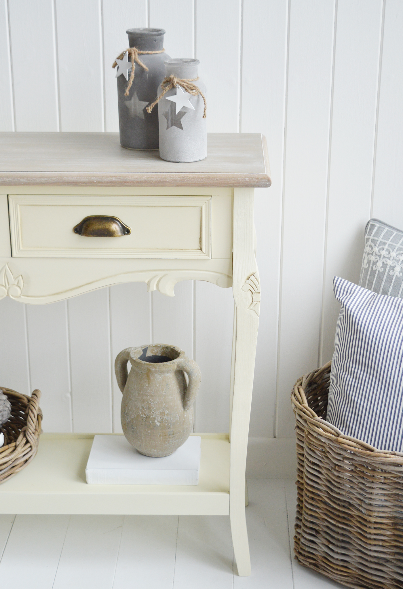 Oxford Cream Console Table with Shelf and Drawers - New England Country, Coastal, City and Farmhouse Furniture. The White Lighthouse Hallway Furniture