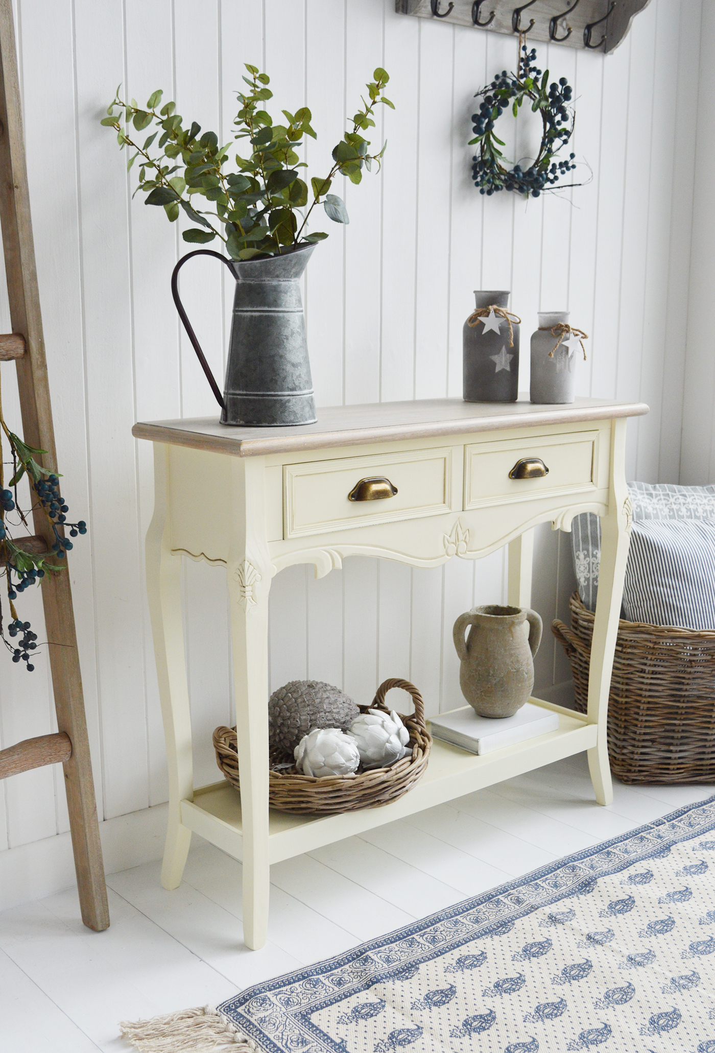 Oxford Cream Console Table with Shelf and Drawers New England