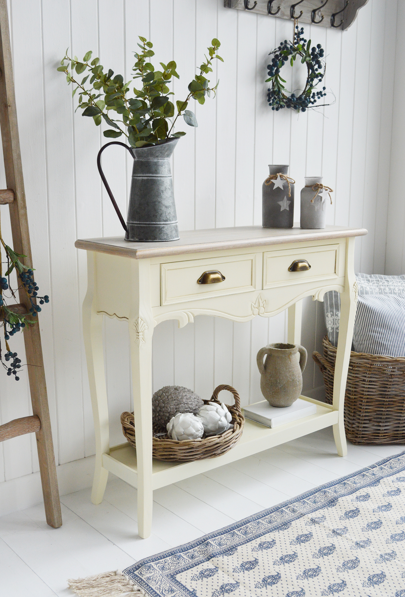 Oxford Cream Console Table with Shelf and Drawers - New England Country, Coastal, City and Farmhouse Furniture. The White Lighthouse Hallway Furniture