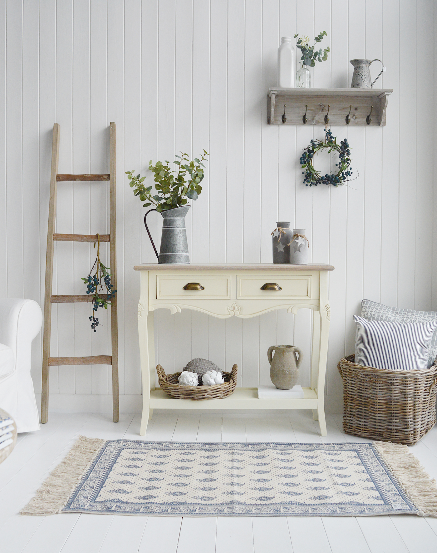 Oxford Cream Console Table with Shelf and Drawers - New England Country, Coastal, City and Farmhouse Furniture. The White Lighthouse Hallway Furniture