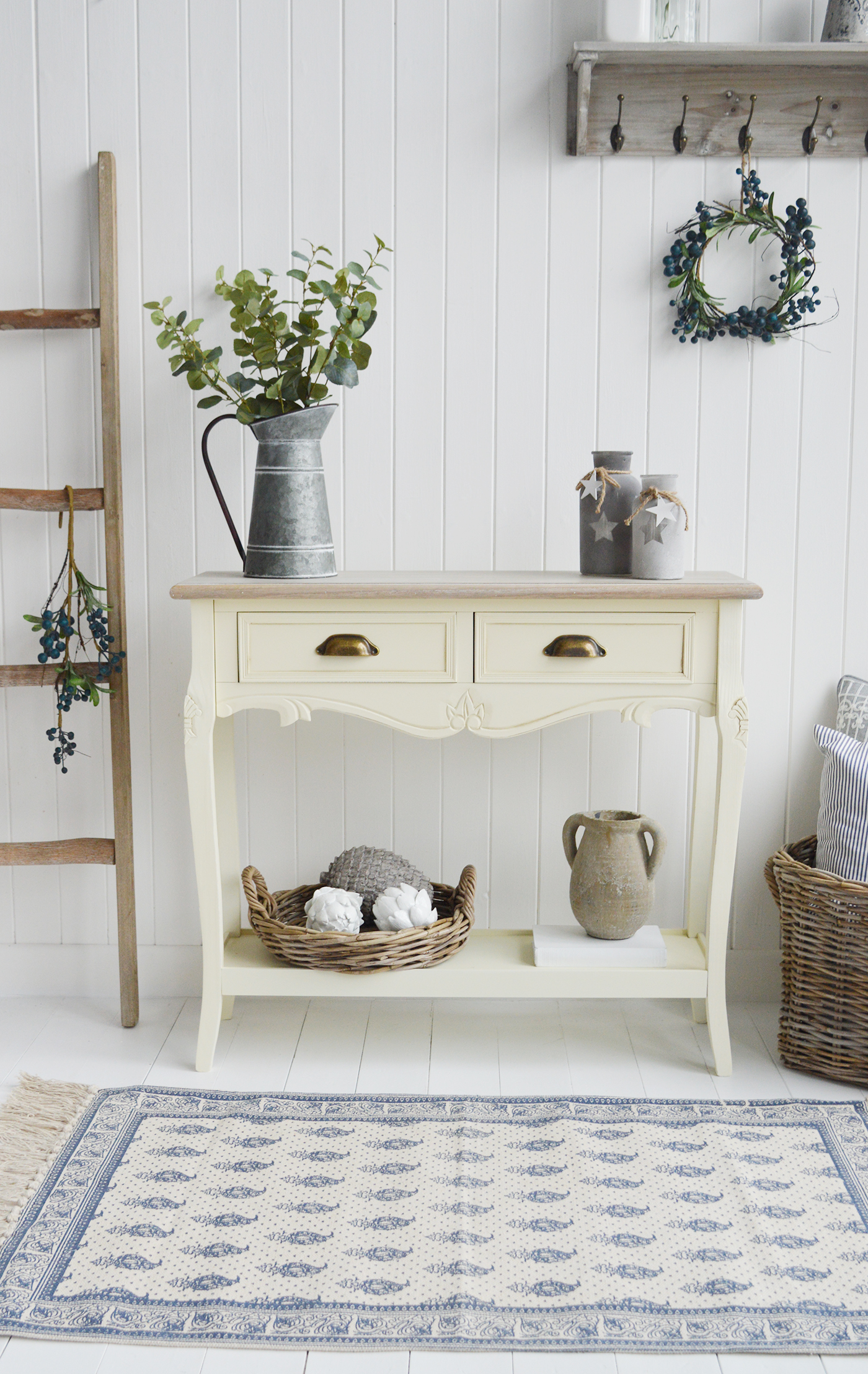 Oxford Cream Console Table with Shelf and Drawers - New England Country, Coastal, City and Farmhouse Furniture. The White Lighthouse Hallway Furniture