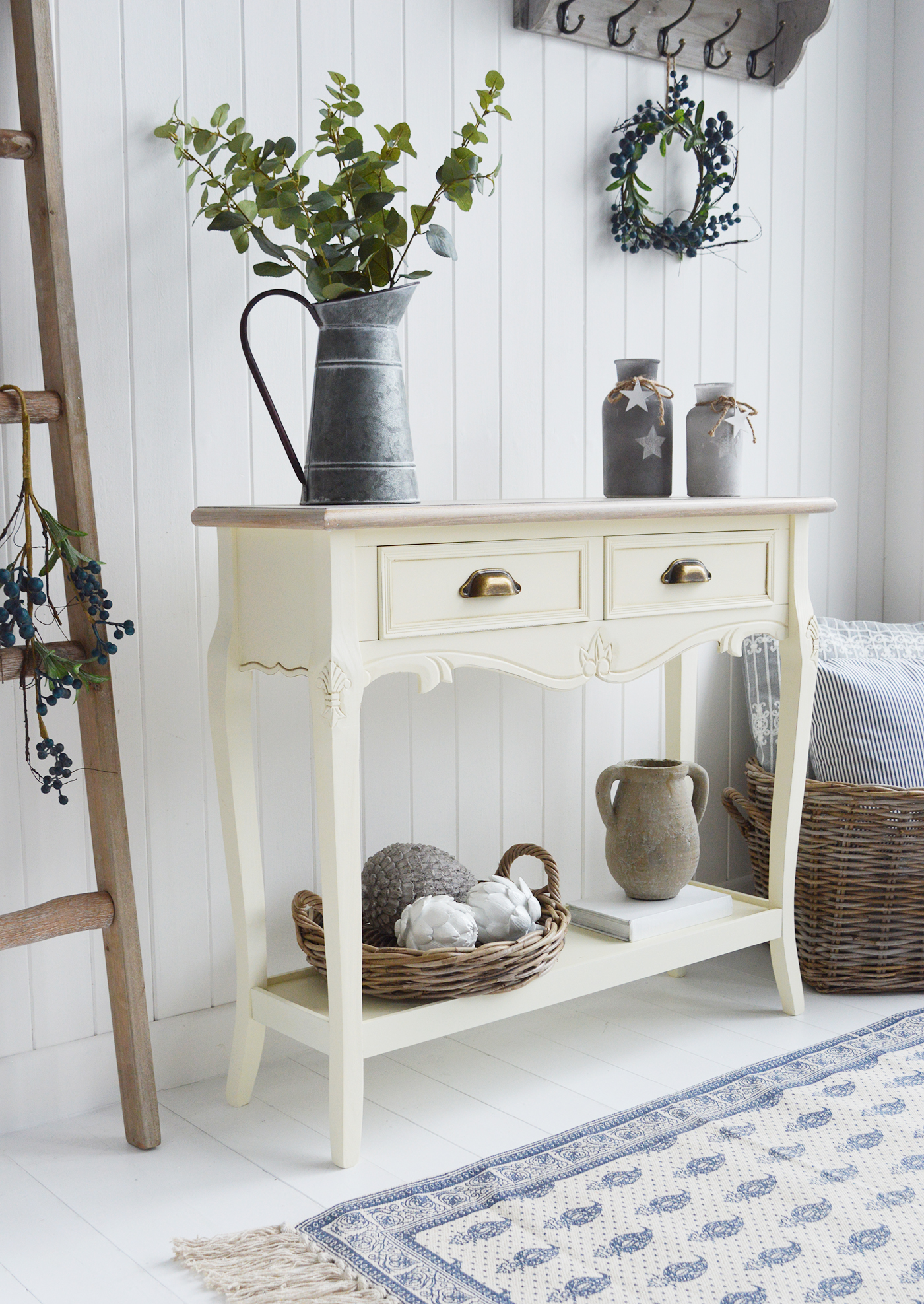 Oxford Cream Console Table with Shelf and Drawers - New England Country, Coastal, City and Farmhouse Furniture. The White Lighthouse Hallway Furniture