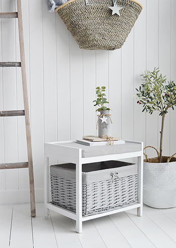 Plymouth Grey White Storage Seat Basket Cushion from The White Lighthouse New England, Coastal Country Scandinavian furniture