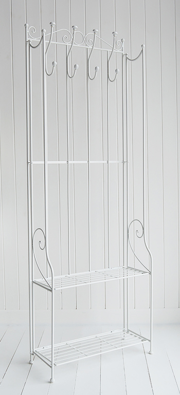 St Malo white freestanding coat rack with shelves for bathroom and hall