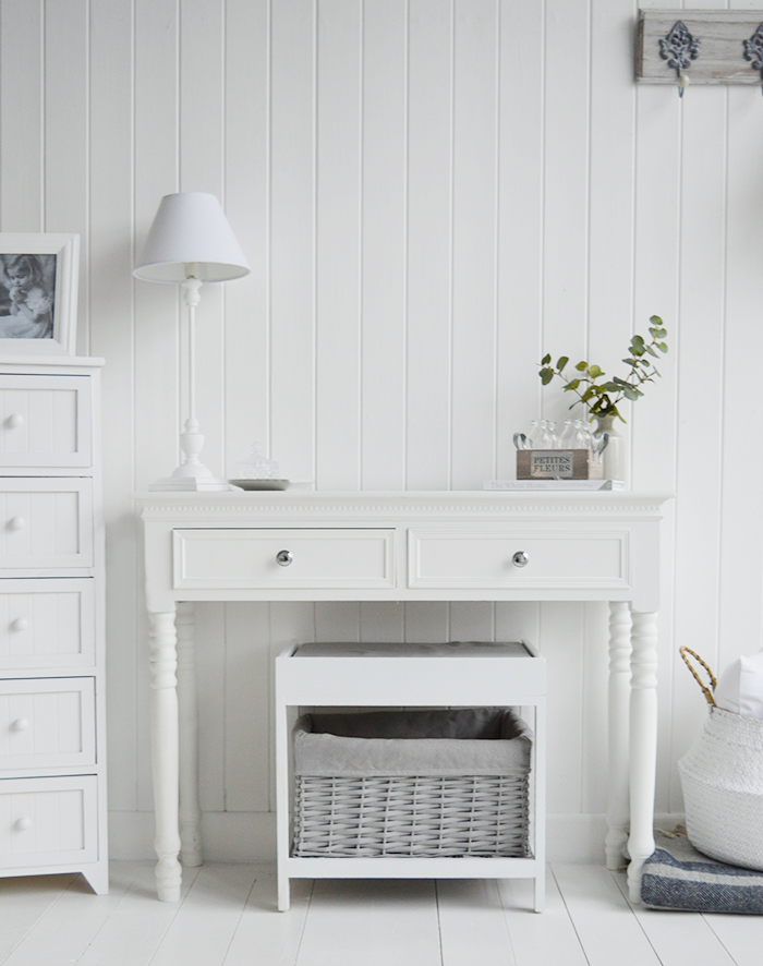 The Plymouth as a dressing table stool, the large basket gives lots of storage for toiletries and make up