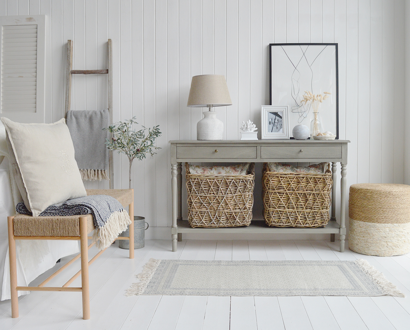 The Sudbury conosle table with drawers along with the Wakefield bench and Hamptons style home decor accessories for Modern Farmhouse and country and home decor in New England styled homes