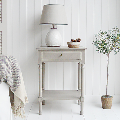 The White Lighthouse Sudbury Vintage Grey lamp Table.  Ideal for hall or living room or living room in New England style homes for country, coastal, farmhouse and city homes