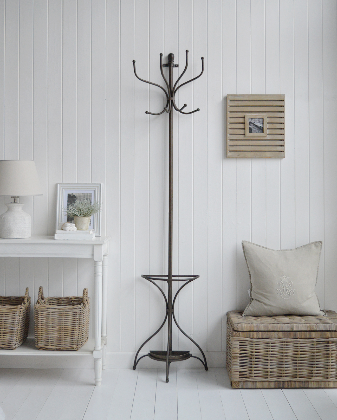 The metal wall mounted coat stand for a stunning piece of hallway furniture for coastal and modern farmhouse homes and interiors 