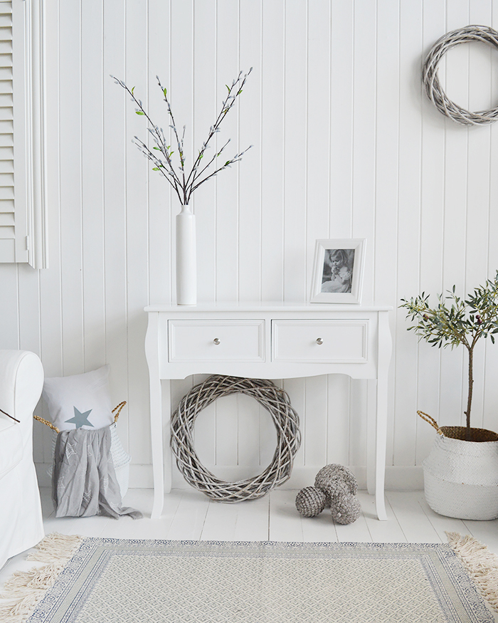 Falmouth narrow white console table with drawers for hallway furniture. A perfect table in cottage, country, coastal, french or New England style homes