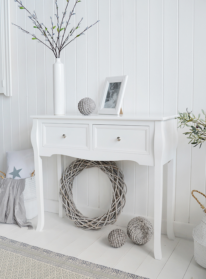 Falmouth narrow white console table with drawers for hallway furniture. A perfect table in cottage, country, coastal, french or New England style homes