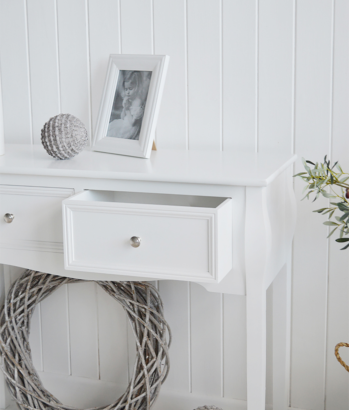 Falmouth narrow white console table with drawers for hallway furniture. A perfect table in cottage, country, coastal, french or New England style homes