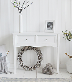 Falmouth narrow white console table with drawers for hallway furniture. A perfect table in cottage, country, coastal, french or New England style homes
