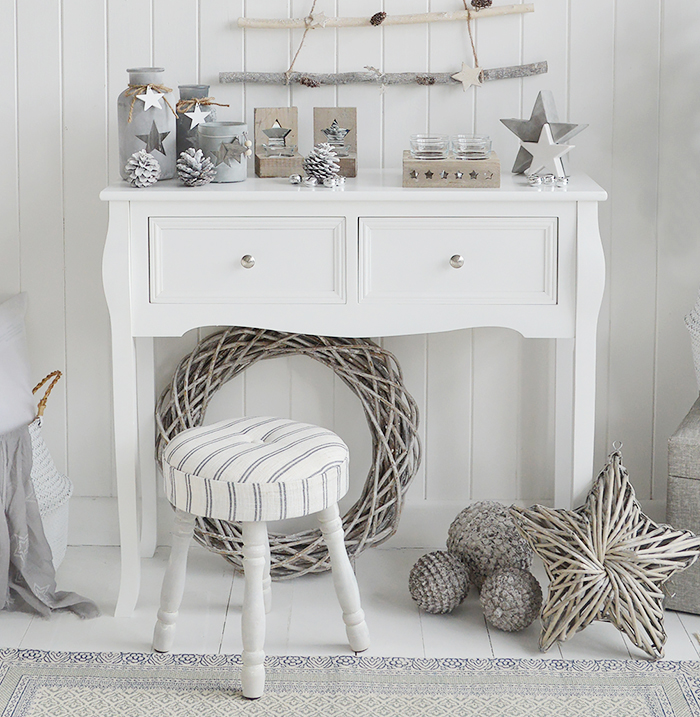 Falmouth narrow white console table with drawers for hallway furniture. A perfect table in cottage, country, coastal, french or New England style homes