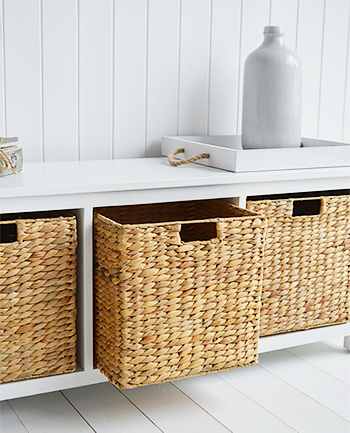 White Storage Bench with baskets for bathroom furniture