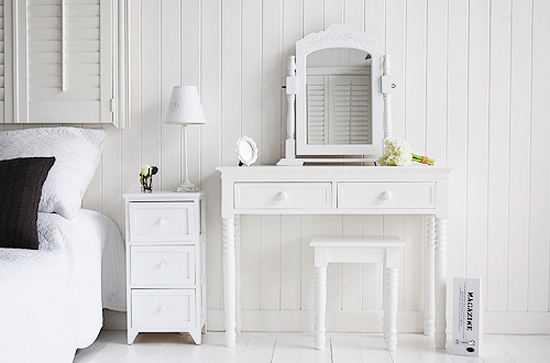 Range of white bedrrom funriutre suitable for children, a Maine 3 drawer bedside with the New England white dressing table