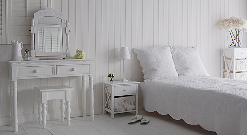 White bedroom furniture with bedside table, storage and dressing table