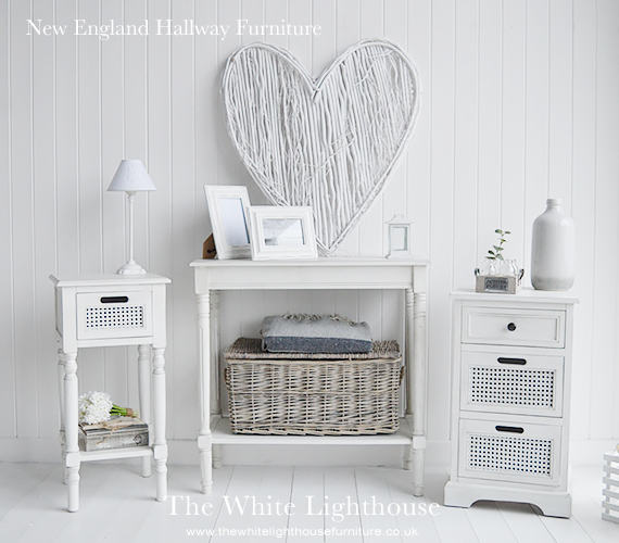 White New England hallway furniture, idyllic of coastal Maine