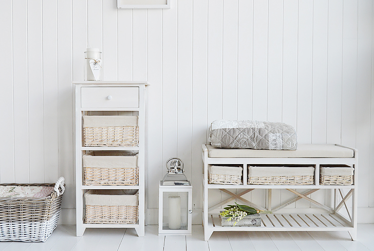 Cape Cod storage furniture, shoe storage bench and tall cabinet