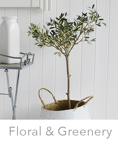 Artificial greenery and floral, white flowers, eucalyptus and olive tree