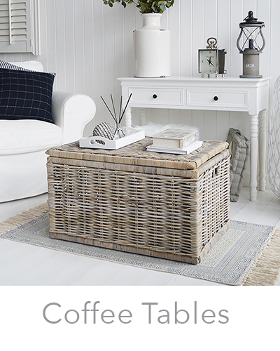 New England modern farmhouse and  country style coffee tables, with storage, willow, grey and white