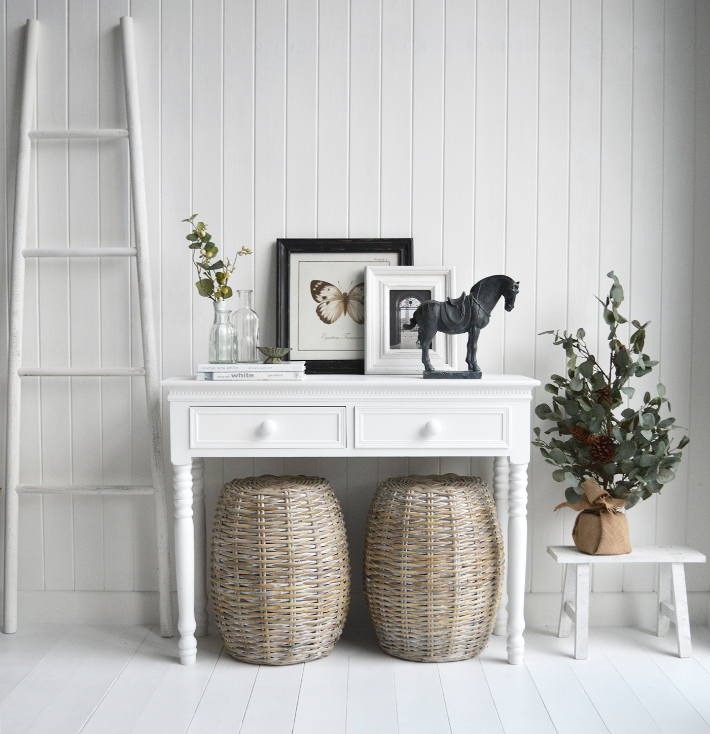 The Provincetown white decorative ladder along with Console Table Decor for New England Style hallways, homes and living rooms for coastal, country and city home interiors from The White Lighthouse Furniture
