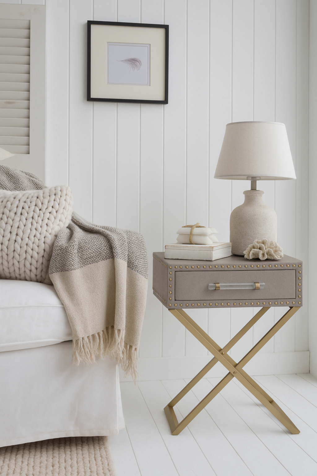 The X-shaped gold base echoes the sophistication of Hamptons design while keeping the look light, airy, and contemporary.